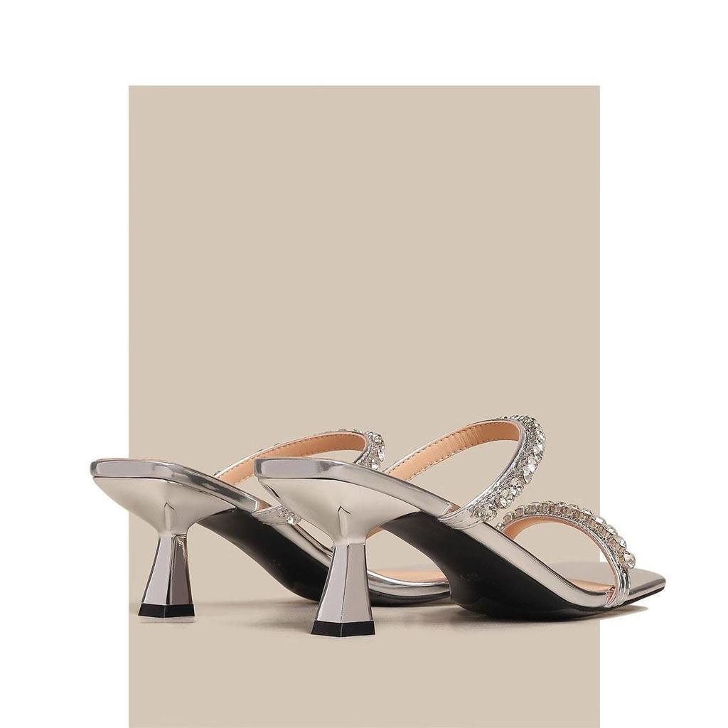 Sandals Women's Summer High Heels 2025 New Models Less Foreign Style High Value Open-toed Temperament Rhinestone Thin Heel with Sandals