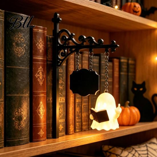 Halloween Party Decoration Library Lantern Bookshelf Lamp, Vintage Metal LED Nightlight for Book Nook Decor, Desktop Decorative Ornament Ghost Reading