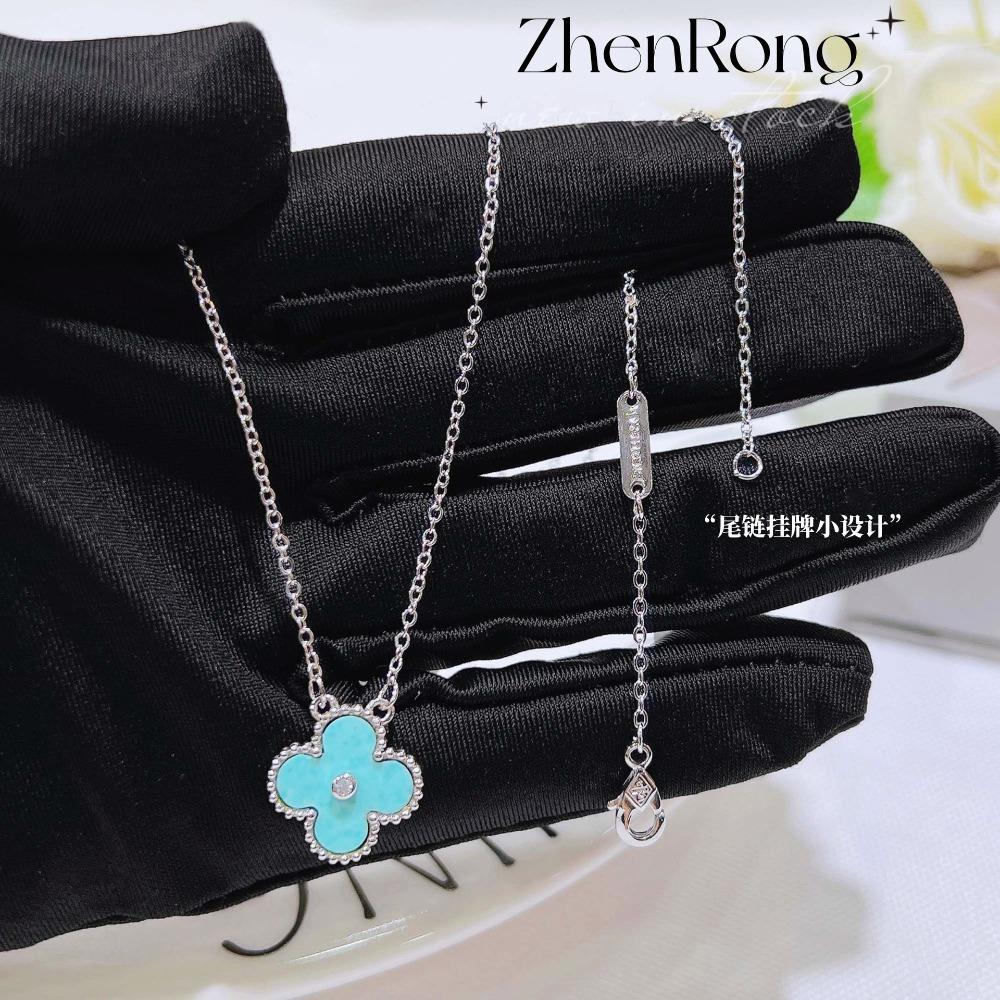 Hellblaues Schlüsselbein-Halsketten-Set für Damen Celadon-Stein Kleeblatt-Anhänger Einzigartiges Armband Amethyst-Steckohrringe