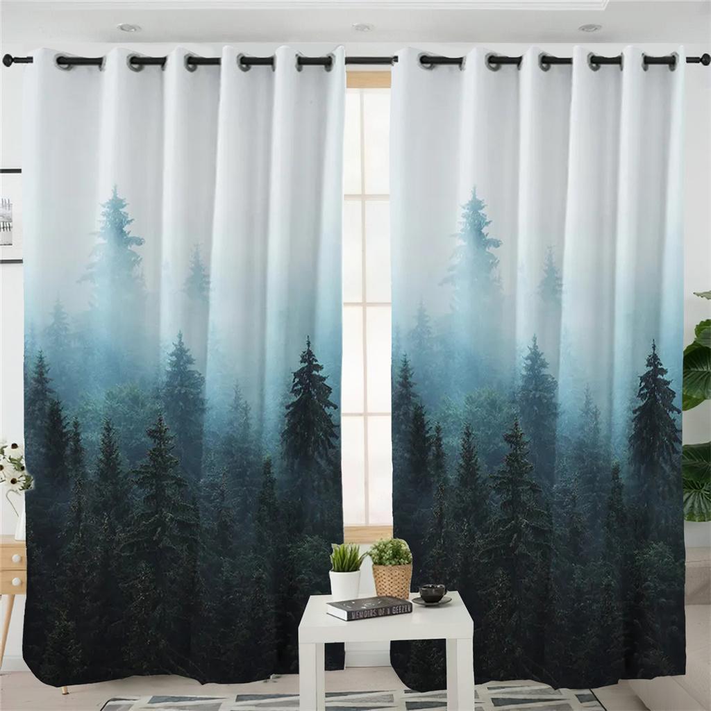 

Большие горные лесные шторы для гостиной, хвойные шторы для спальни, 2-панельные шторы с рисунком тумана и сосны, домашний балкон, декор для столовой 50W130H(CM)X2PCS&HooK