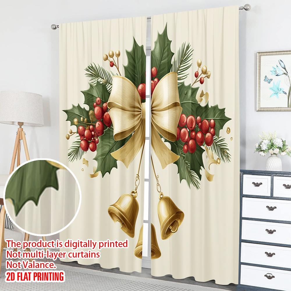 2pcs 2D Flat Printing Christmas Classic Hot Curtains Christmas Holly Bells Garland Digital Printed Polyester Drapes Family Party