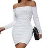 Women's Spring and Autumn One-line Collar Long Sleeve Pleated Temperament Package Hip Skirt Sexy Wrap Dress