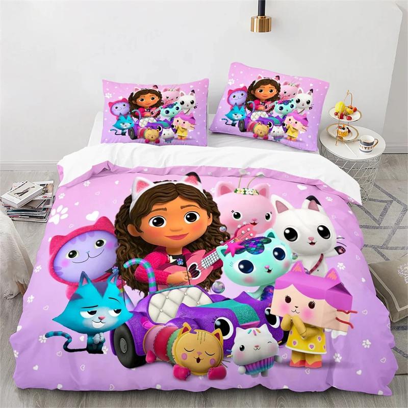 New 3D Gabby's Dollhouse Bedding Set Polyester Duvet Cover Set Pillow Cover Single Twin Full Bed Linen for Girls Boys Kids Gift