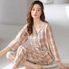 Women's pajamas: spring/summer pure cotton pure cotton, summer plaid woven cotton nine-quarter sleeve long pants, thin loungewear set