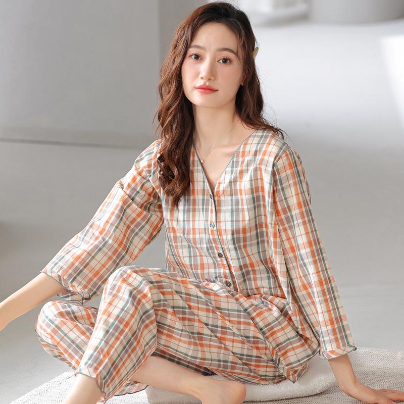 Women's pajamas: spring/summer pure cotton pure cotton, summer plaid woven cotton nine-quarter sleeve long pants, thin loungewear set