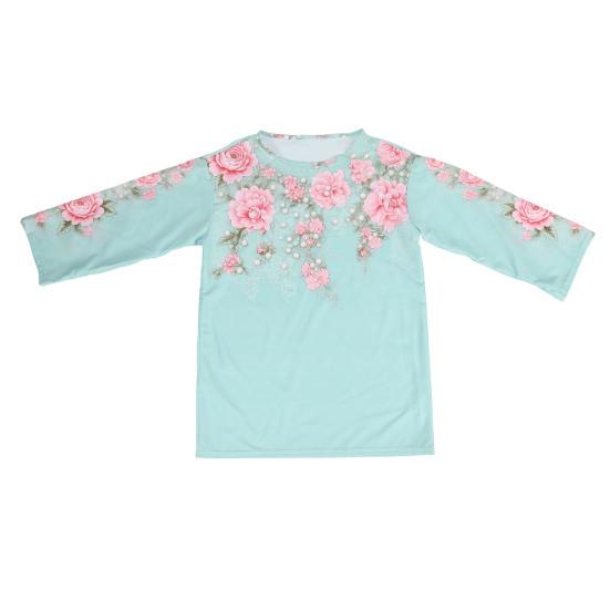Women Tops Round Neck Long Sleeve Loose Fit Tee Shirt 3D Flower Printing Faux Pearls Decor Pullover Tops Casual Office Wear