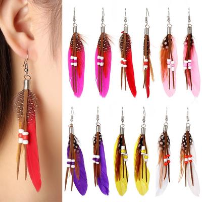 New Vintage Bohemian Style Dangle Drop Earring Feather Earrings Long Tassel Rice Beads