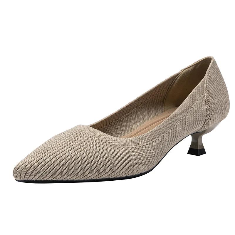 Pointed Toe Solid Color Stretch Knitted Shoes Pumps Slip On Sole Low Heels Breathable Loafers Women Mesh Shallow Sock Shoes