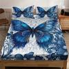 3pcs Blue Butterfly Floral Fitted Sheet Set (1 Fitted Sheet + 2 Pillowcase Without Pillow Insert), HD Printing For Bed Sheet