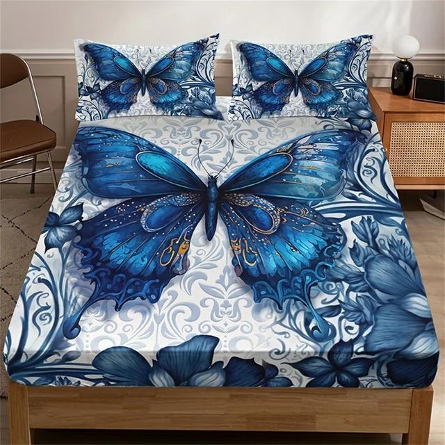3pcs Blue Butterfly Floral Fitted Sheet Set (1 Fitted Sheet + 2 Pillowcase Without Pillow Insert), HD Printing For Bed Sheet