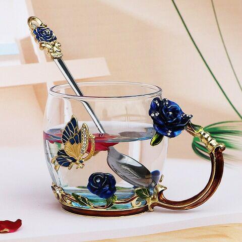 

Hand-made Enamel Crystal Cup Glass Coffee Mug Gift Box Tea Cup and Mugs High-grade Glass Cup Couple Mug Lover Wedding Gift