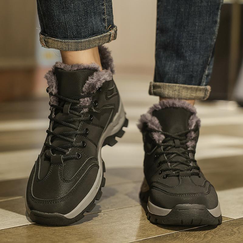 Fashion Man Cotton Boots Men Winter Short Plush High-top Leather Shoes Men's Thickened Non-slip Snow Boots Man Comfy Lace-up Solid Boots