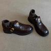 Sheepskin version! Retro style loafers dark brown round head camellia thick heel single shoes one pedal versatile small leather shoes