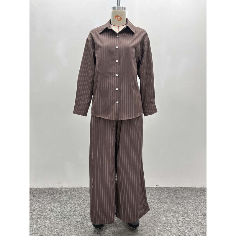 

Western Style New Fashion Casual Loose Stripe Shirts Trousers Two-Piece Suit Shirt and Pants Set Brown M