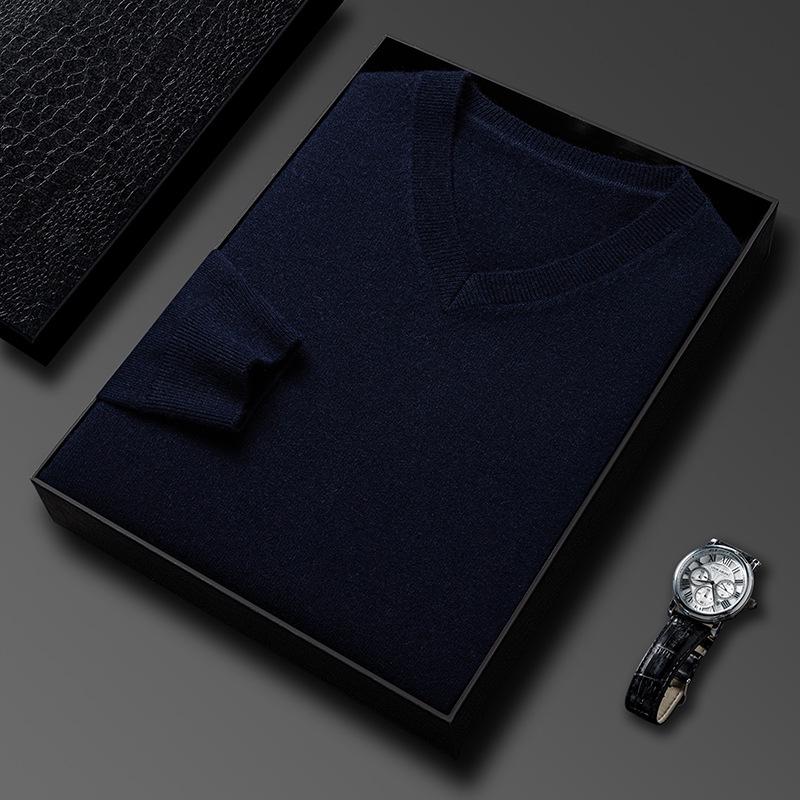 Men's Casual V-Neck Solid Color Knit Sweater - Autumn/Winter Long Sleeve Base Layer