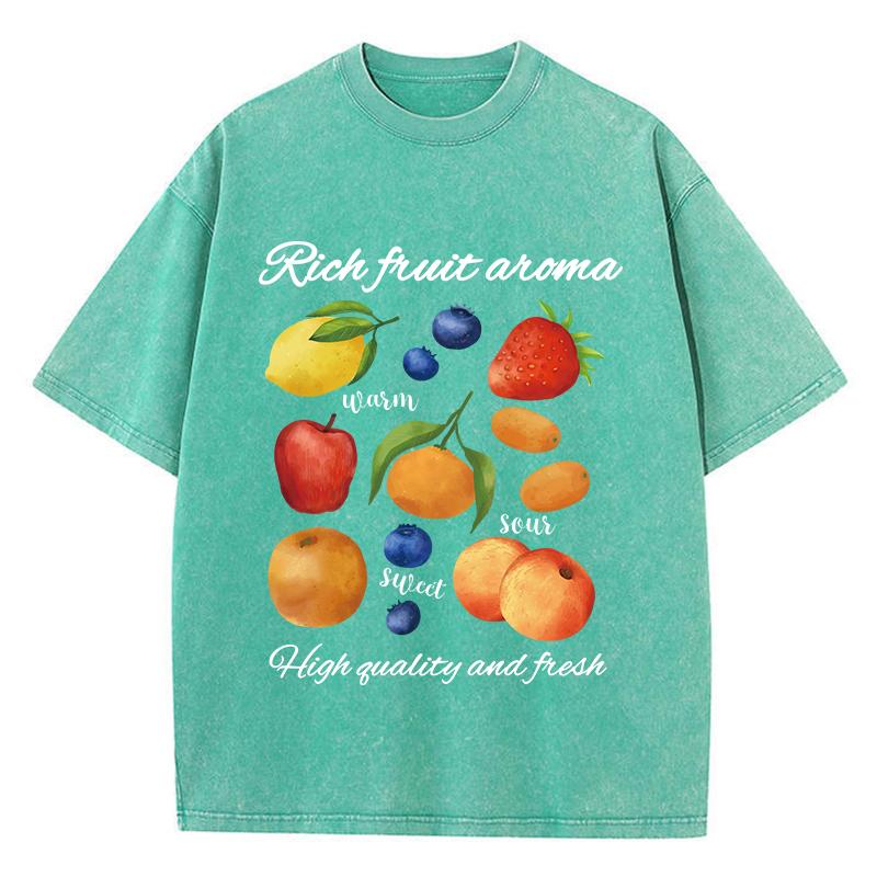 Damen gewaschene T-Shirts Druck mit reichem Fruchtaroma Kurzarm Baumwolle Rundhals Oversize Oberteile Vintage Damenbekleidung