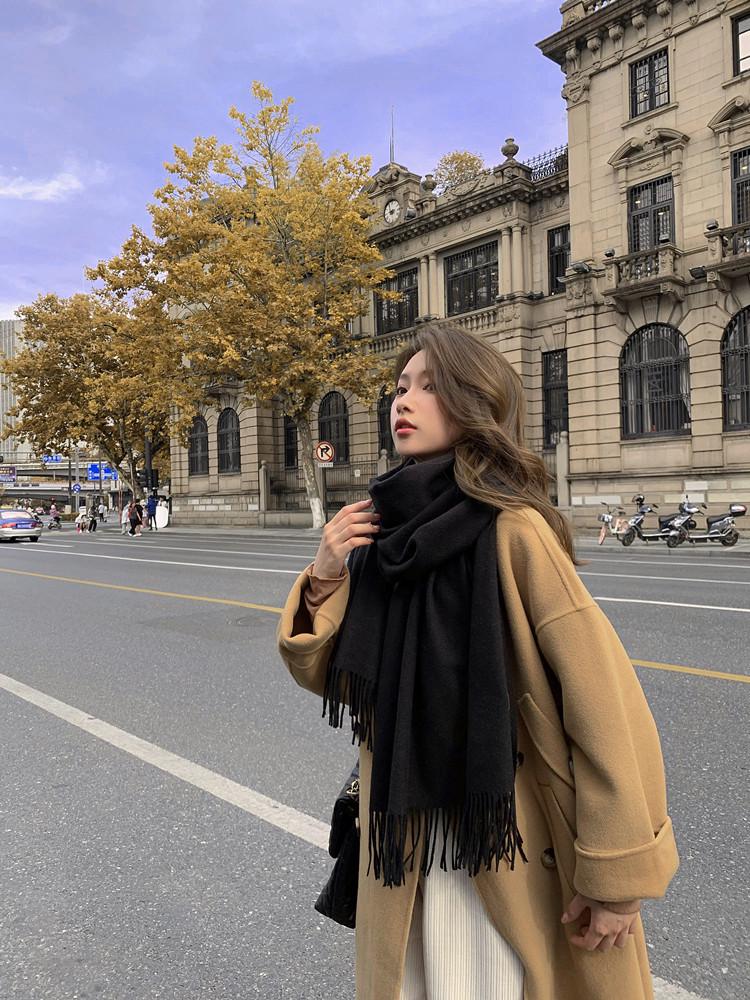 Cashmere Wool Scarf - Thick, Solid Color, Unisex, Versatile, Korean Style for Autumn/Winter.