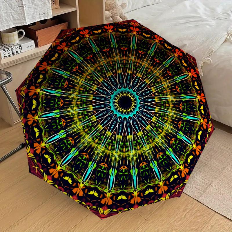 1 Stück Automatischer Faltregenschirm mit Kaleidoskop-Muster, Tragbares faltbares Design, 8-Speichen-Eisenrahmen, Outdoor-Accessoire yy250905086
