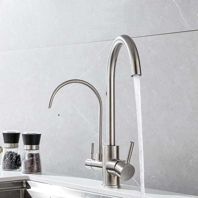 Nickel 304 Stainless Steel  Kitchen Sink Faucet Pure Water Filter Dual Handle Hot and Cold Drinking Water Mixer Taps Crane