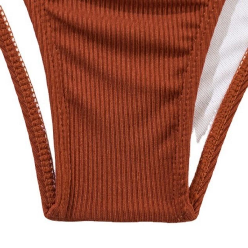 Damen Brauner Gerippter Neckholder Badeanzug mit Durchsichtigem Netz-Überzug