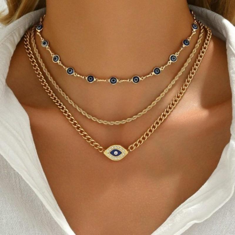 Classic Turkish Evil Eye Pendant Necklace for Women Men Vintage Lucky Blue Eyes Palm Sun Multilayer Neck Chain Choker Jewelry