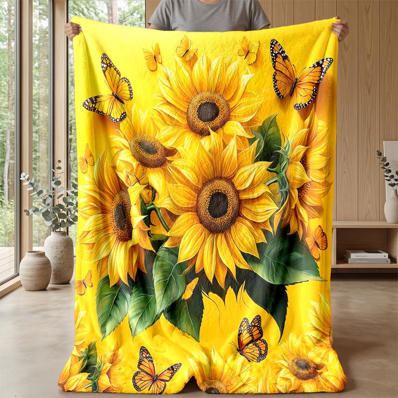 Sunflower and Butterfly Woman Theme Blanket Lightweight Warm Flannel Blanket Decorative Throw Blanket for Home Decoration