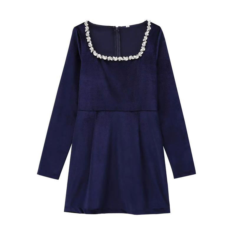 

Fall and Winter New Women s Clothing Fashion Style French Waist Black Dress Handmade Bead Long Sleeve Velvet Dress Blue L