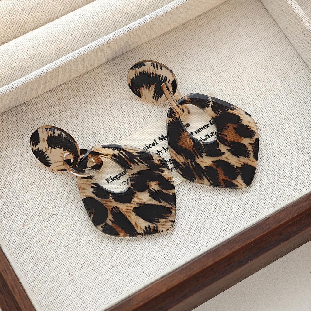 Akrylové náušnice s potiskem leopardí kůže a motivem srdce, Hong Kong styl, Maillard styl, Lehký luxus, Jednoduché, Módní, Univerzální náušnice