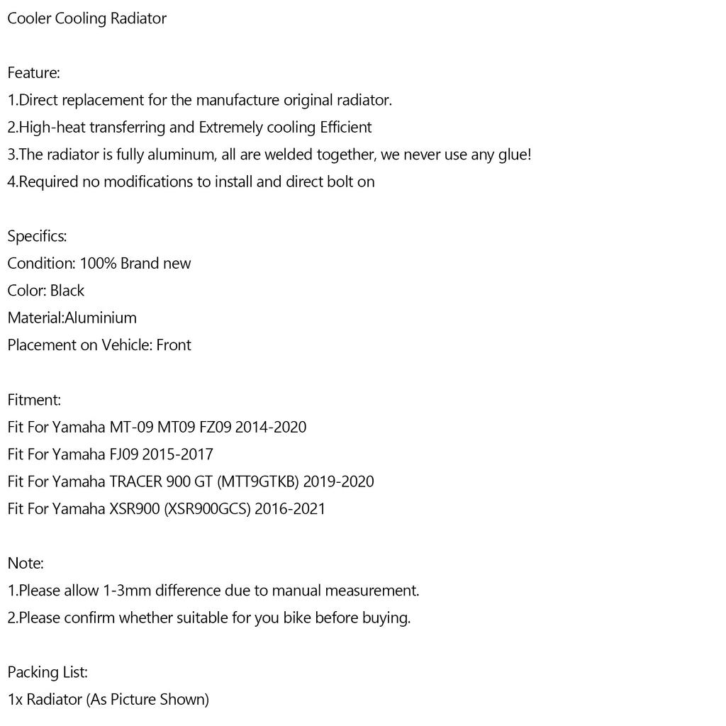 Radiator Cooler Cooling For Yamaha FZ09 MT09 MT-09 2014-20 TRACER 900 19-20
