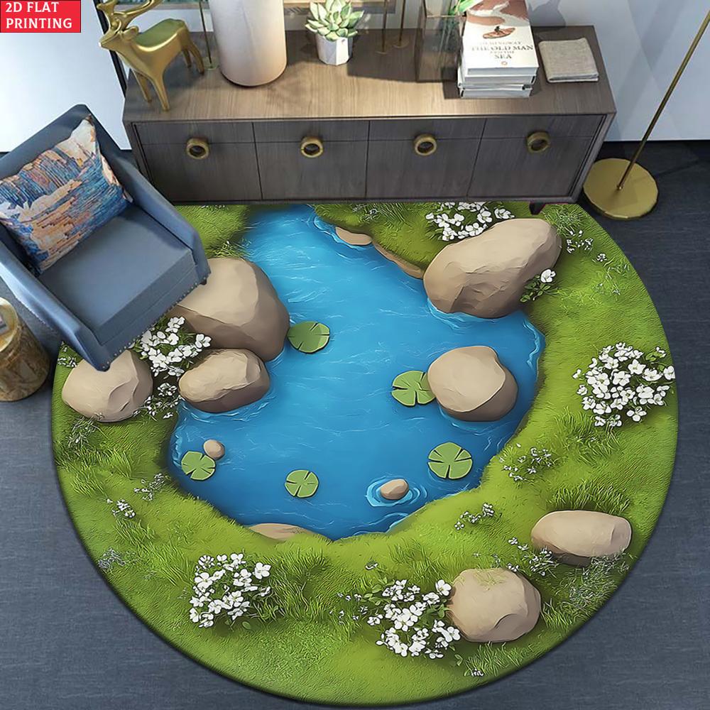HD Small Pond with Stones Round Floor Mat – Nature Inspired Decorative Rug for Entryway, Living Room, Yoga, and Meditation