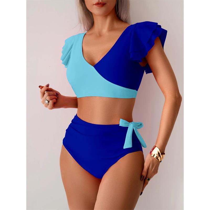 Color Patchwork Bikini Set Ruffle Trim Swimsuit Women New Fashion Swimwear Female Bathers Bathing Swimming Suit Beach 2 Pec