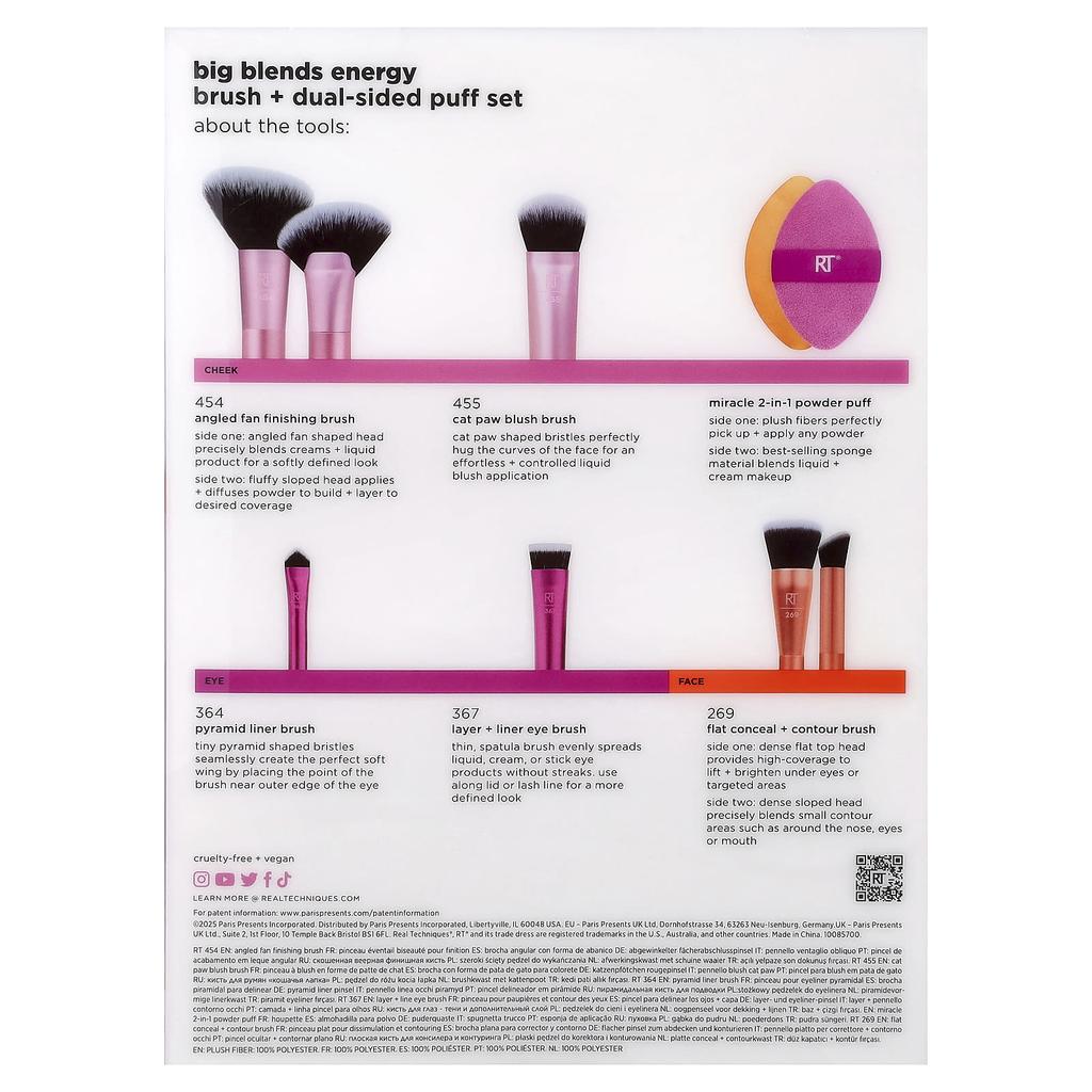 Real Techniques Big Blend Energy Brush + Double-Sided Puff Set, 6-Piece Set