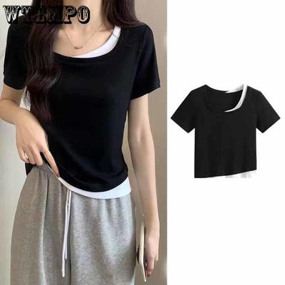 Ribber Black Short Sleeve T Shirt O Neck Knit Crop Top Women Summer Casual T Shirt Basic Sexy Streetwear