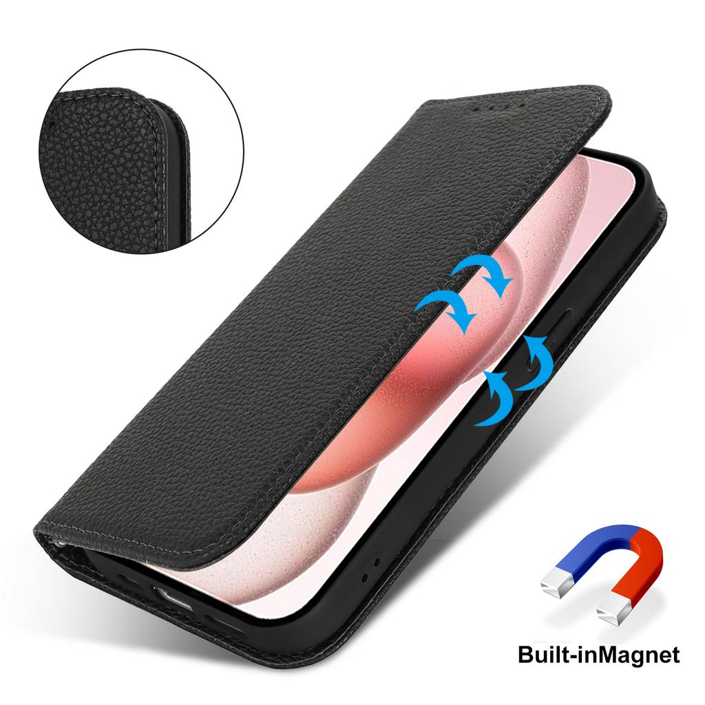 Stand Case for iPhone 15 Litchi Texture Leather Flip Phone Cover with Strap/Wallet