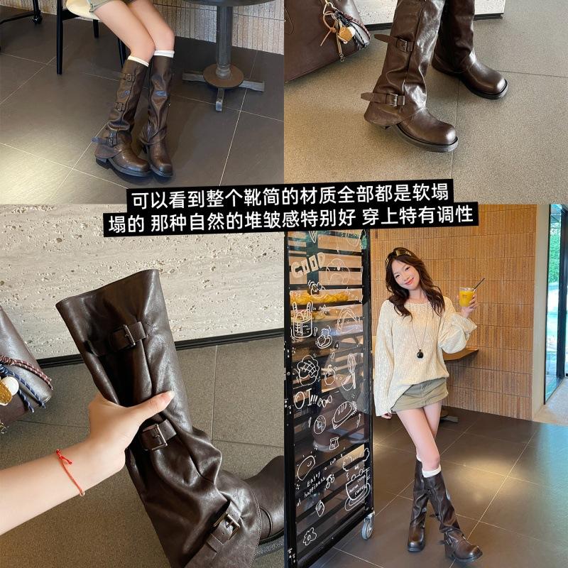 Spice Girl Pants Long Knight Boots Women's 2025 Spring and Autumn New Medium Tube Pleated Pile Boots But Knee High Boots