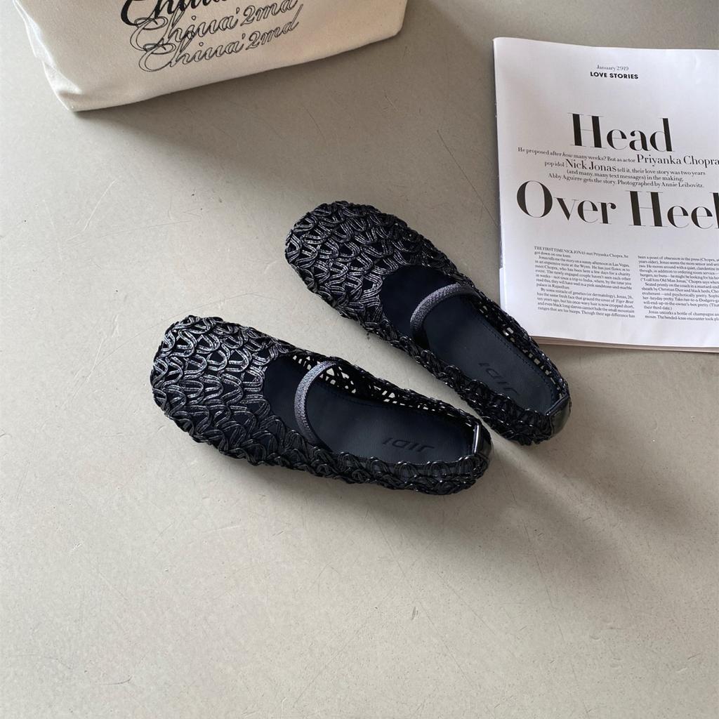 Retro gewebte Fischer-Schuhe Damen 2025 Sommer hohl atmungsaktiv flachmündig Einzel-Schuhe flache Mary Jane Sandalen mit Rock