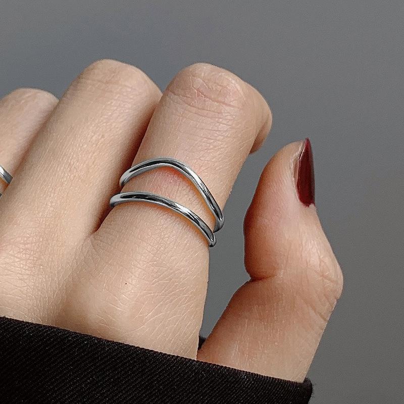 Silver Color Minimalist Double Layered Geometric Opening Ring For Charming Women Fashion Jewelry Personality Accessories
