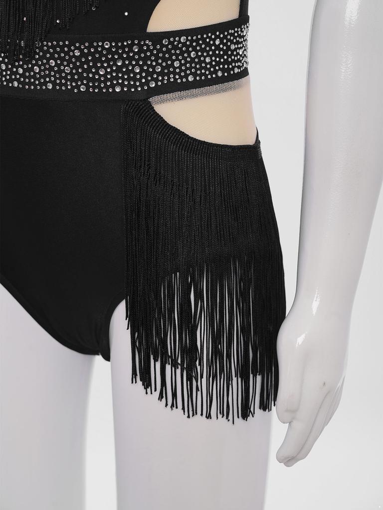 Girls Latin Dance Bodysuit Sleeveless Cutout Back Design Sheer Mesh Patchwork Shiny Rhinestones Tassel Leotard
