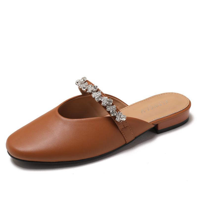 Fashion French Rhinestone Cover Toe Slippers for Women Slip On Women's Footwear Fashion Low Heel Pumps Soft Leather Comfortable Mules