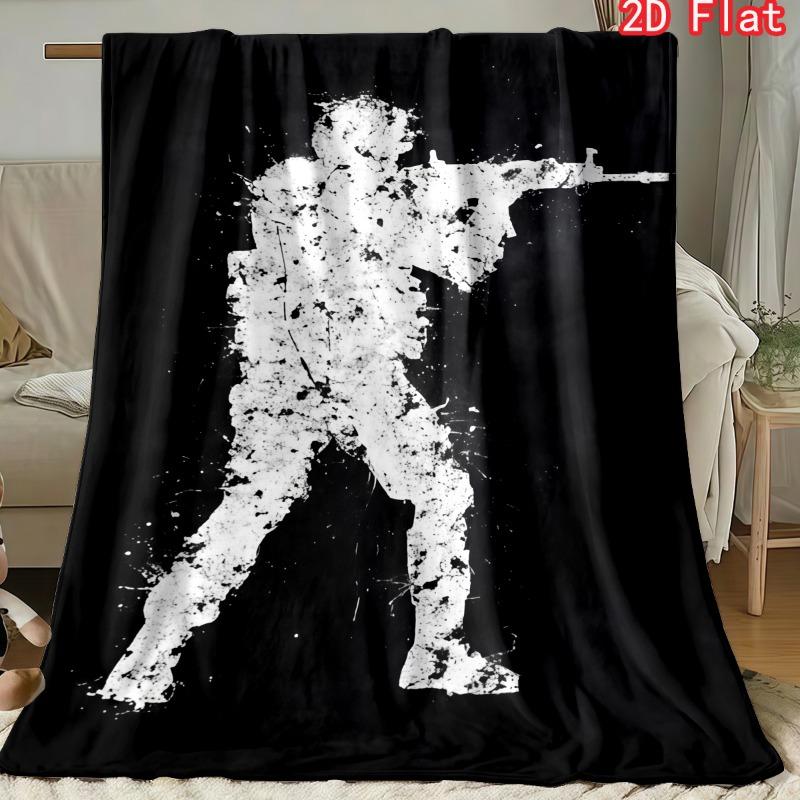 Black White Soldier Silhouette Print Flannel Blanket, Soft Cozy Warm Throw for Bed Sofa Couch, Lightweight All Season Cover