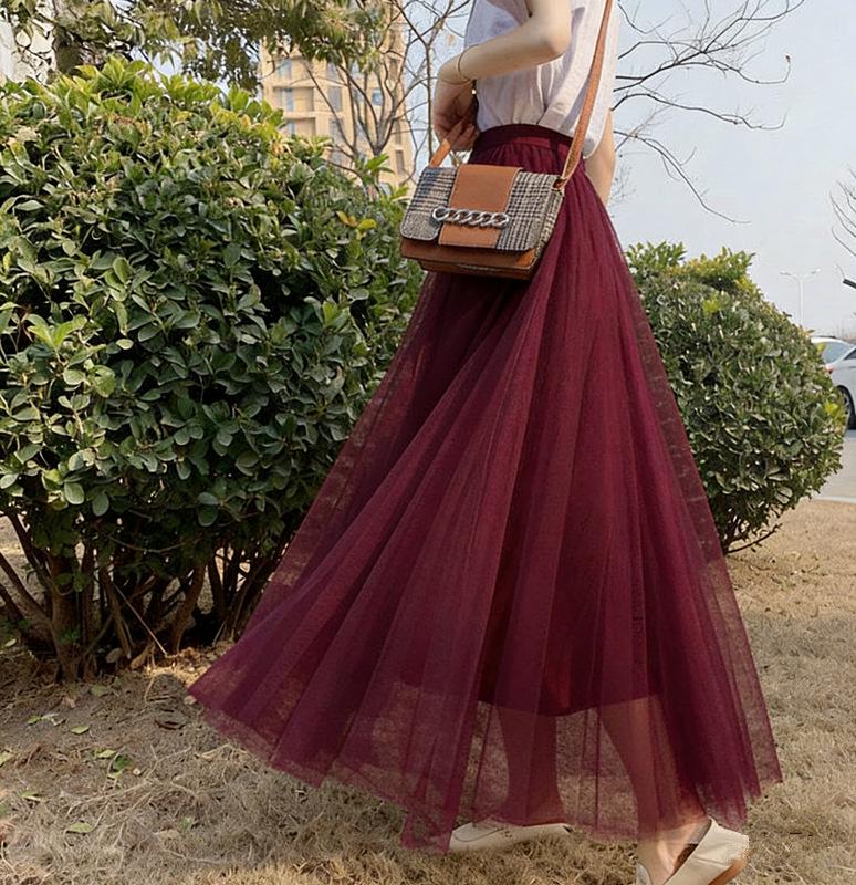 Women's High-Waist Mid-Length Pleated Mesh Skirt