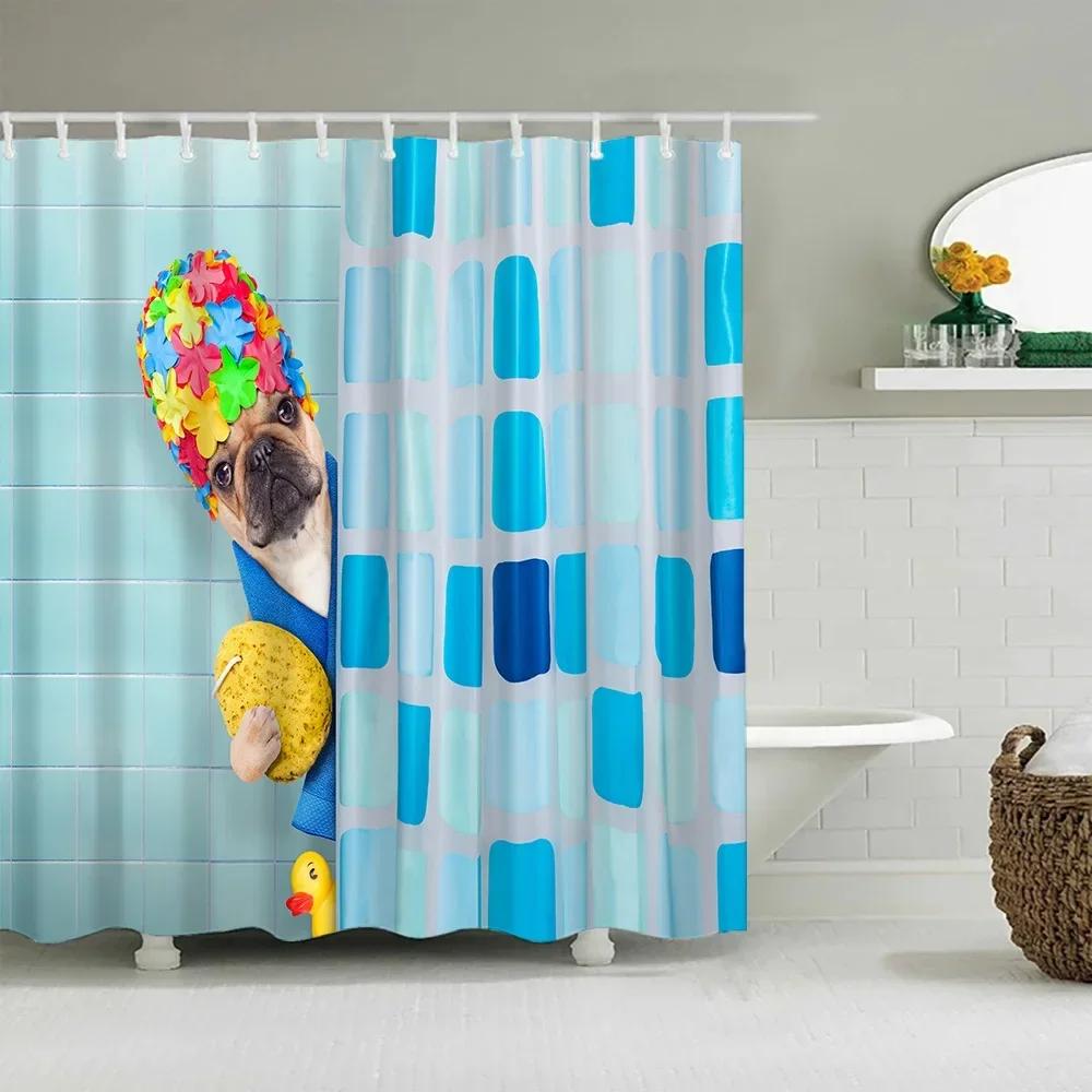 Funny Little Cat Dog Bathing Shower Curtain Cartoon Animals Printed Bathroom Curtain Set Waterproof Polyester Fabric Bath Screen