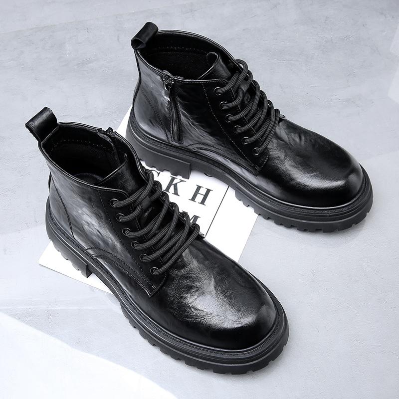 Fashion Leather Boots Man Thick Bottom Tooling Retro Classic British Style Boot Business High Quality Waterproof Zip Big Round Toe Shoes