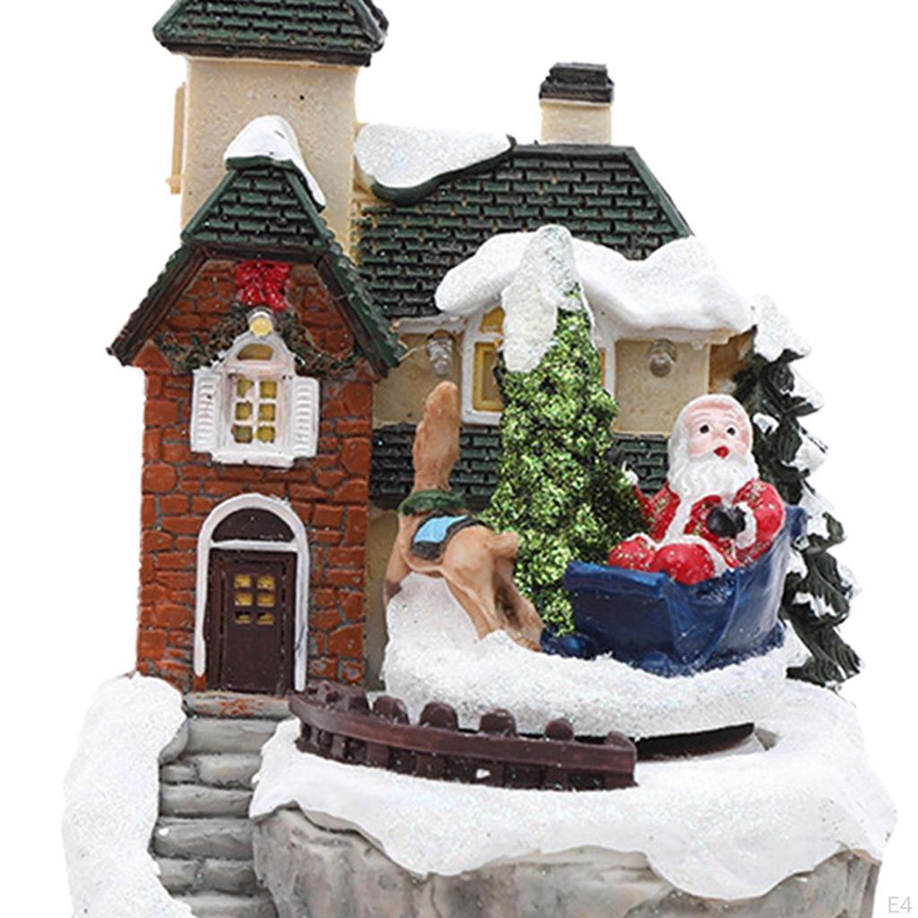Music Box with , Desktop Ornaments Village Colorful Lights, Santa Snowy House Decoration for