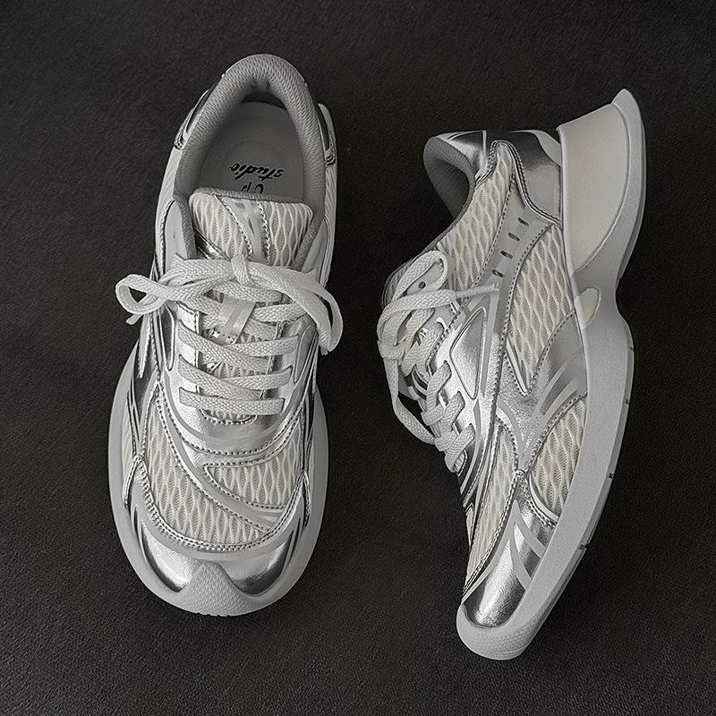 Sneakers Spring and Summer New Silver Breathable Running Casual Shoes Mesh Thick Sole Heightening Dad Shoes