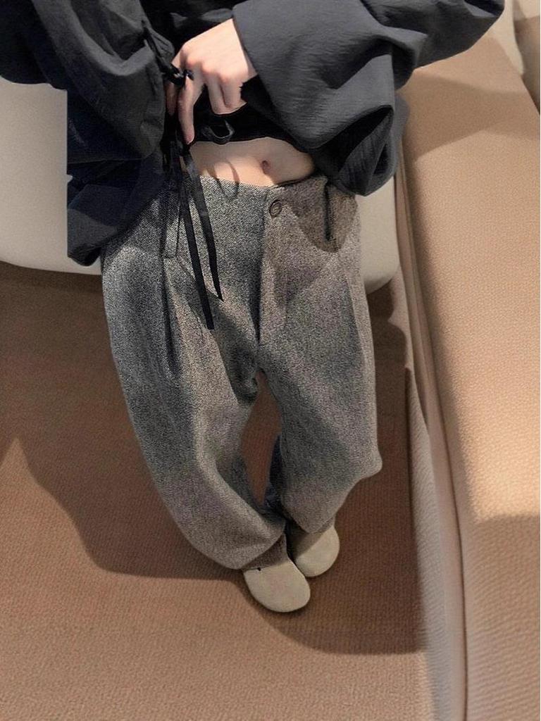 Women's 2025 Winter Gray Wool Wide-Leg High-Waist Relaxed Pants Plus Size