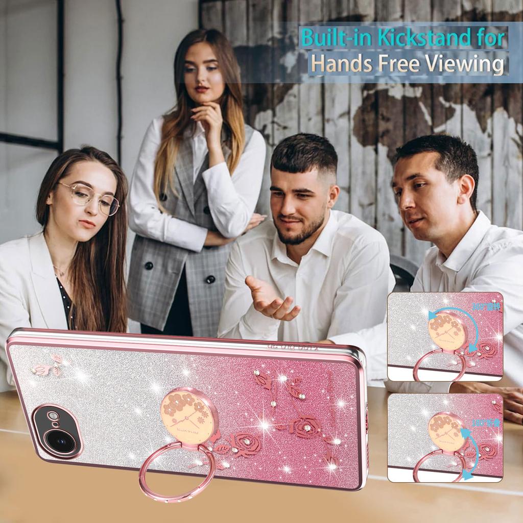 KADEM For iPhone 16e Case Ring Kickstand TPU Flowers Phone Cover Gradient Glitter