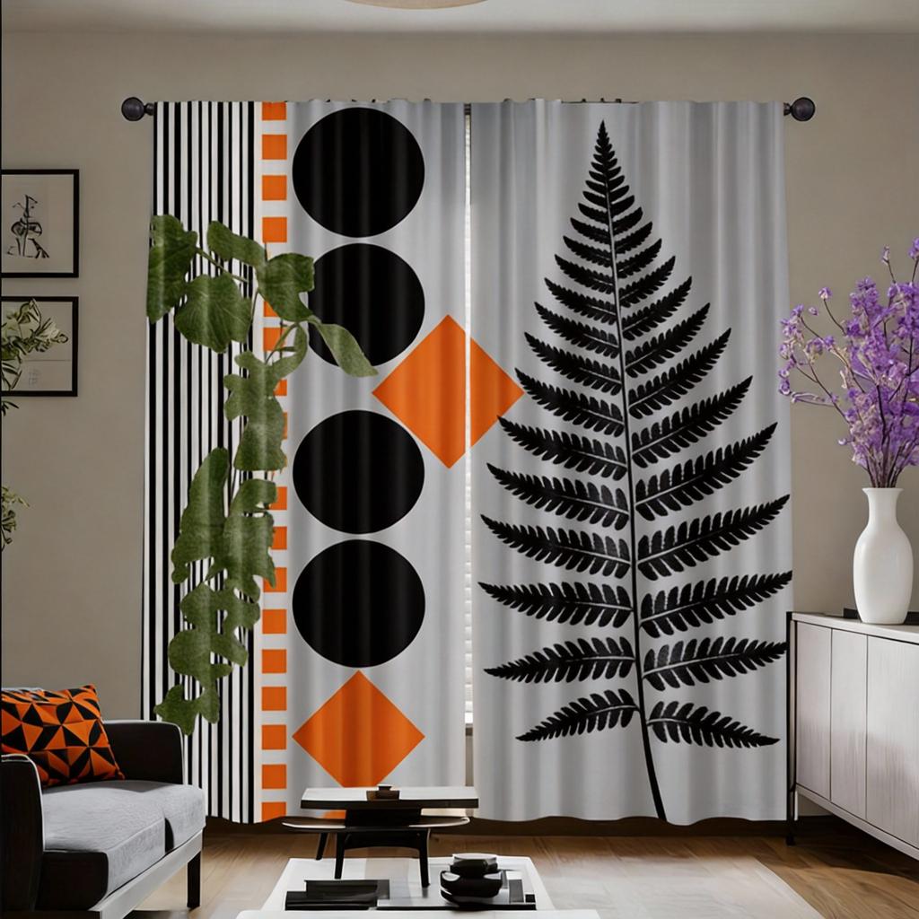 Abstract Geometric Curta 2pcs – Black, Orange & Cream with Palm Leaves, Modern Art Design for Living Room and Study Decor