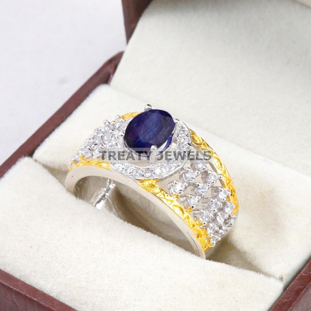 Blue Sapphire Oval Cut Gemstone With 925 Sterling Silver Ring For Men's #B610 JL375686499959