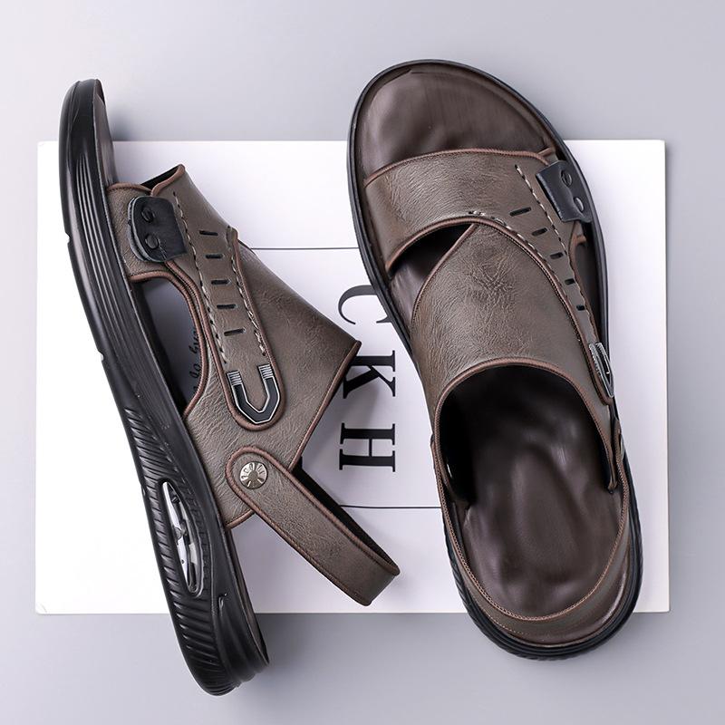Fashion 2025 Summer Outdoor Leather Sandals for Men Dual-use Solid Color Beach Shoes Slipper Male New Designer  Driving Shoes Man